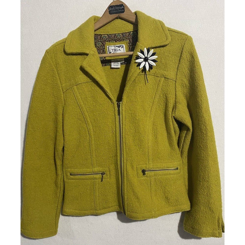VTG Tria Mustard Yellow Pure Wool Zip Up Jacket Womens Large
